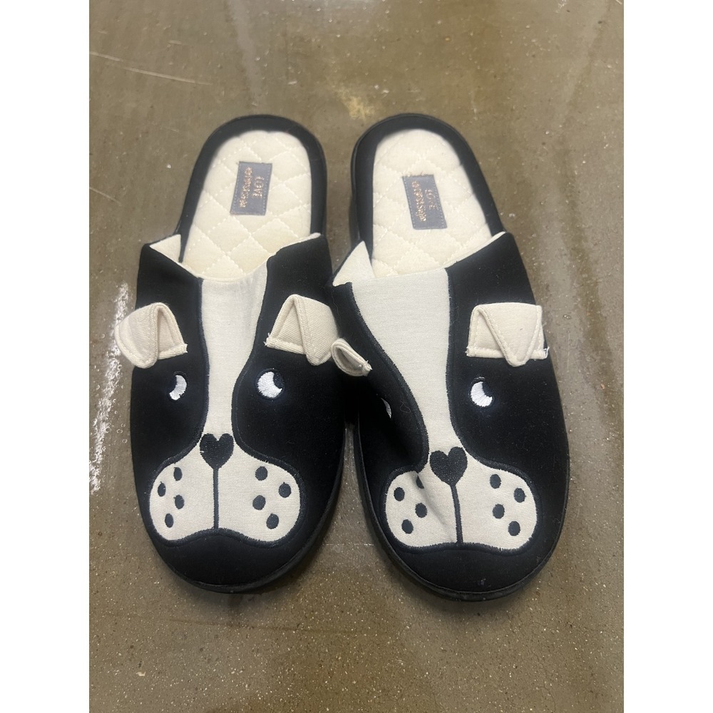 Love‎ @ First Sight French Bulldog Slippers L 8-9 Womens Black White Dog Face